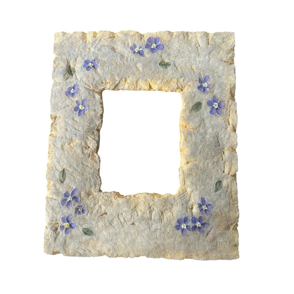Home Interiors Stone Like Picture Frame With Purple Flowers Vintage 4.5x3.5" Pic